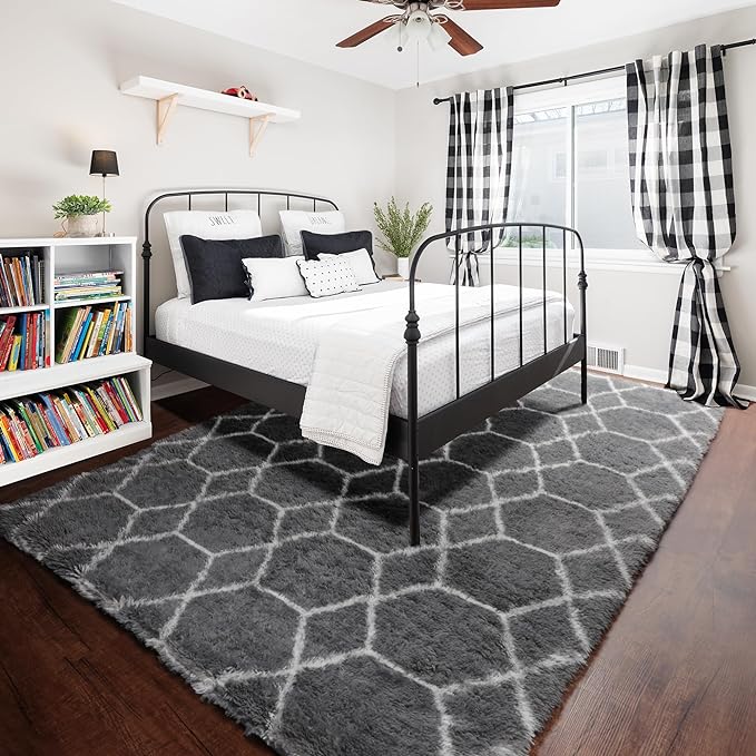 Area Rugs for Bedroom Living Room, 4x6 Fluffy Grey and White Geometric Rug | - Image 6