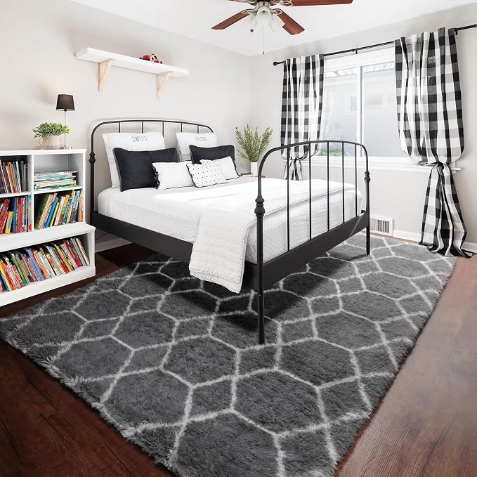 6x9 Area Rugs for Living Room Bedroom, Fluffy Grey and White Geometric Rug | - Image 6