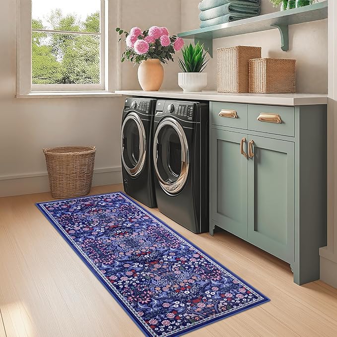 PLHXFR 2x6 Washable Runner Rug：Floral Indoor Kitchen Soft Carpet Blue | - Image 4