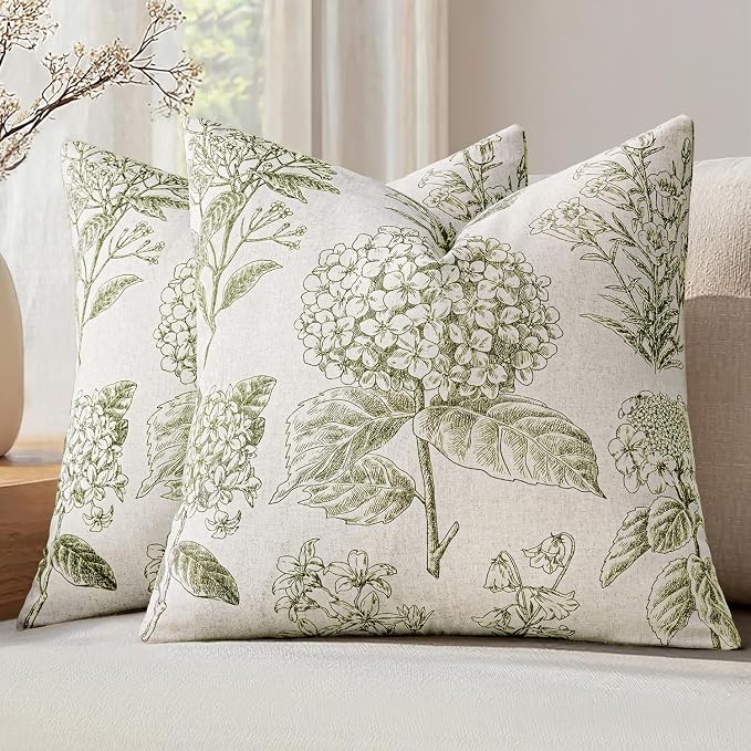 Set of 2 Decorative Floral Pillow Covers 18x18 Inch Light Green | Neutral by SWANCOCO