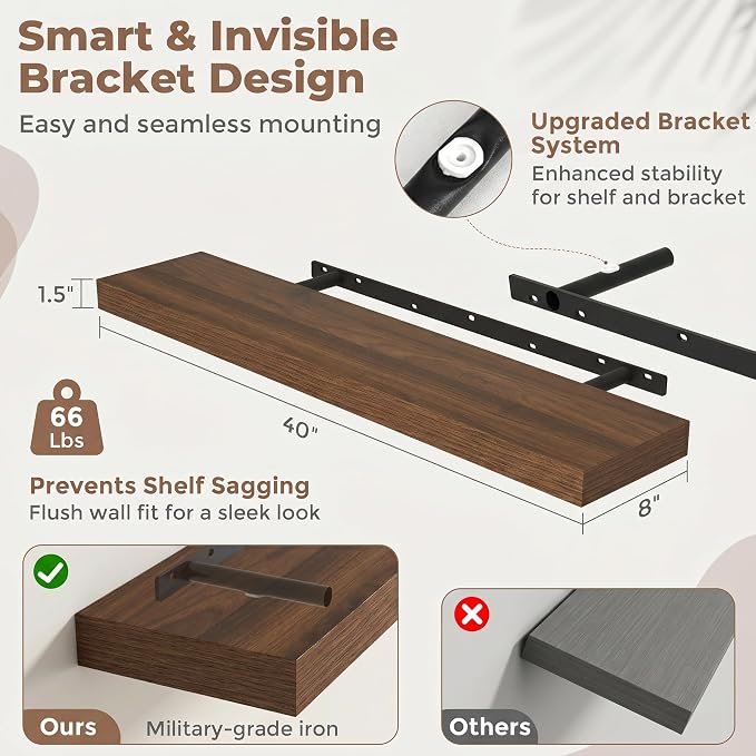 FLYJOE Floating Shelves for Wall, 40 Inch Floating Shelves Set of 2, Kitchen - Image 2