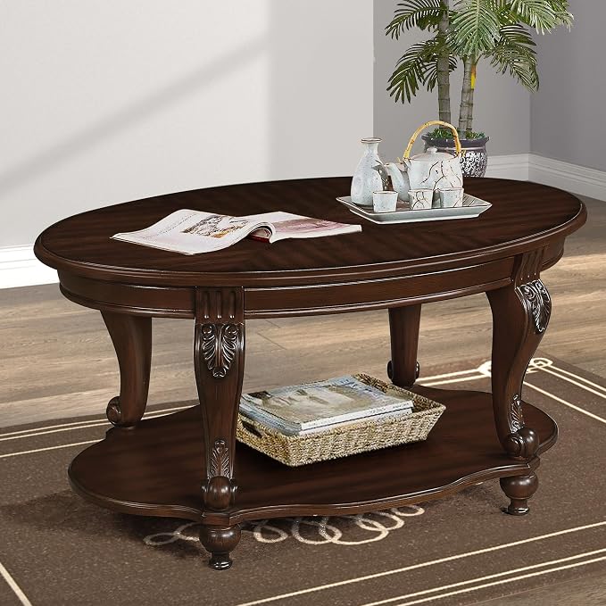 Oval Wood Coffee Table for Living Room, 2-Tier Solid Wood Coffee Table - Image 7