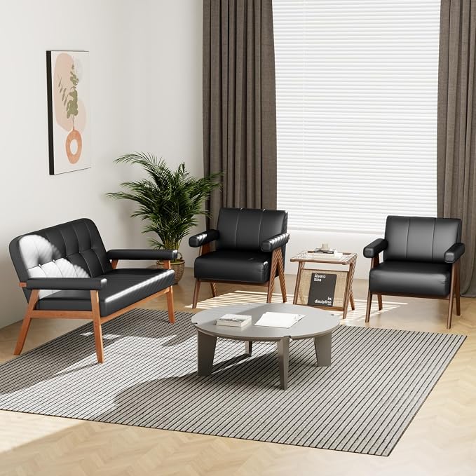 STHOUYN Black Leather Accent Chairs Set of 2, Mid Century Modern Accent Chair - Image 7