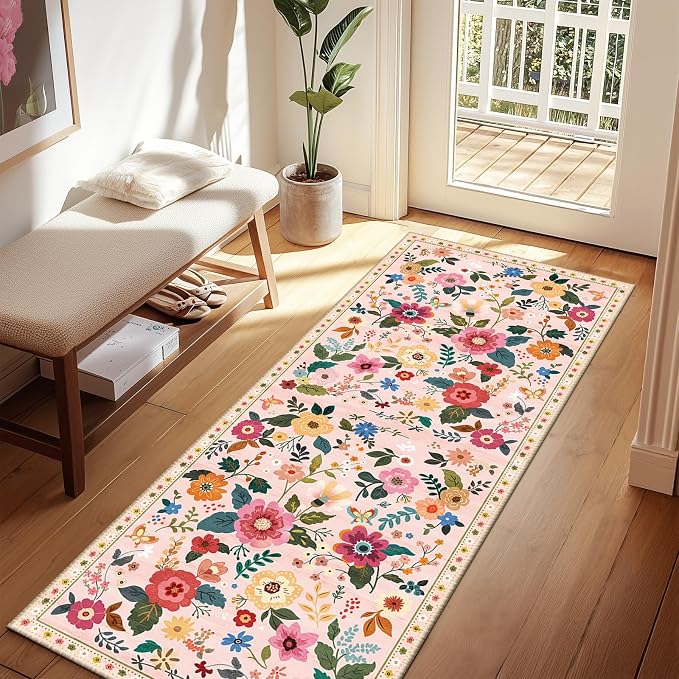 Floral Washable 2x6 Area Rugs Runner Entryway Hallway Pink | Flower Carpet - Image 2