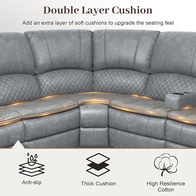 Yolsali Manual Reclining Sectional Sofa Set, 7 Seats Soft Leather Recliner - Image 4