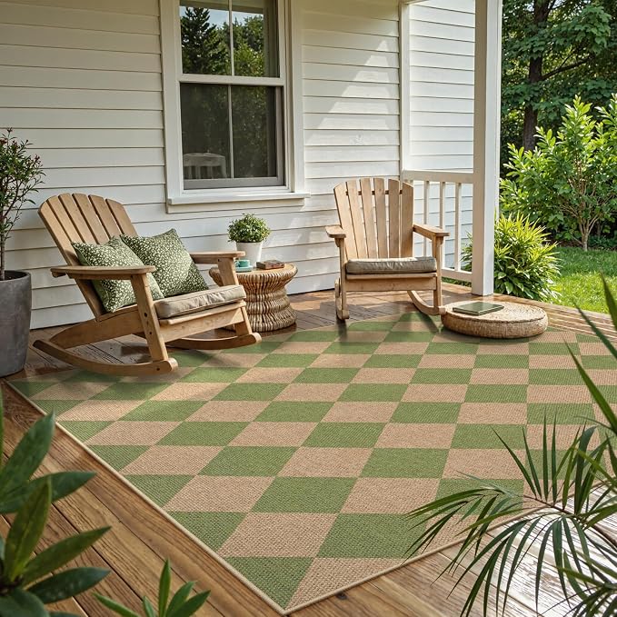 Lahome Checkered Easy Jute 5x7 Area Rug, Outdoor Patio Rugs Washable Green | - Image 7