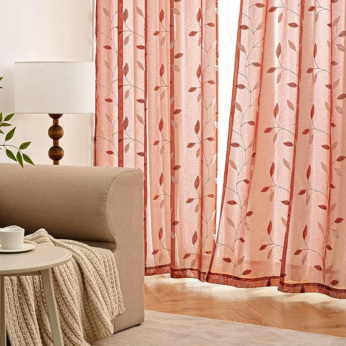 MIULEE Terracotta Sheer Fall Leaf Curtains Burnt Orange 2 Panels 52"x84" | - Image 3