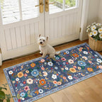 Floral Washable 2x5 Area Rugs Runner Entryway Hallway Blue/Grey | Flower Carpet by RELEANY
