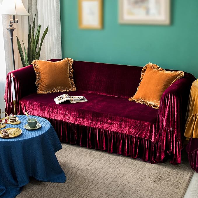 GLORY SEASON Velvet Sofa Cover Soft Decorative Luxurious Solid Exquisite Ruffle - Image 8