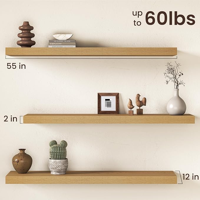 Oak Floating Shelves 55Inch Long, 12 Inch Deep Floating Shelves - Image 3