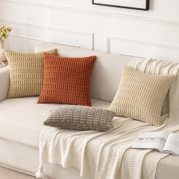 MIULEE Corduroy Decorative Throw Pillow Covers 12x12 Tan Pack of 2 | Soft - Image 4