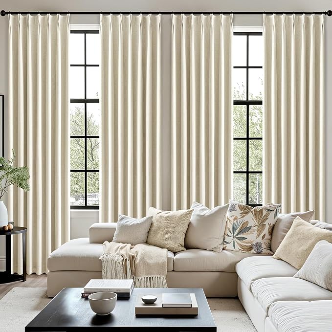 MIULEE Cream Pinch Pleated 100% Blackout Linen Curtains 40x96 Inches | Room - Image 7