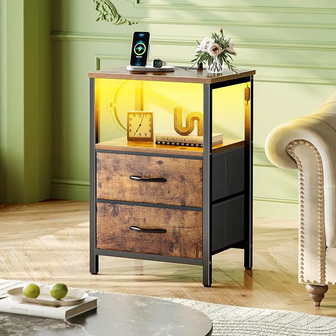 Huuger Night Stand with Charger Station and LED Lights, 2 Drawer Nightstand - Image 2