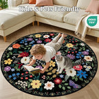 PLHXFR Round Area Rug Living Room: 6 ft Floral Washable Soft Carpet Black | - Image 8