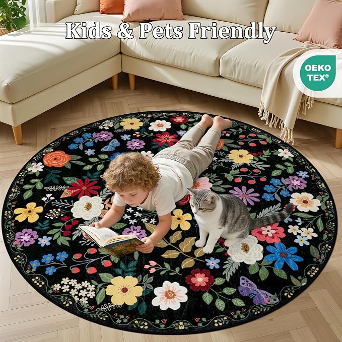 PLHXFR Round Area Rug Living Room: 4 ft Floral Washable Soft Carpet Black | - Image 8