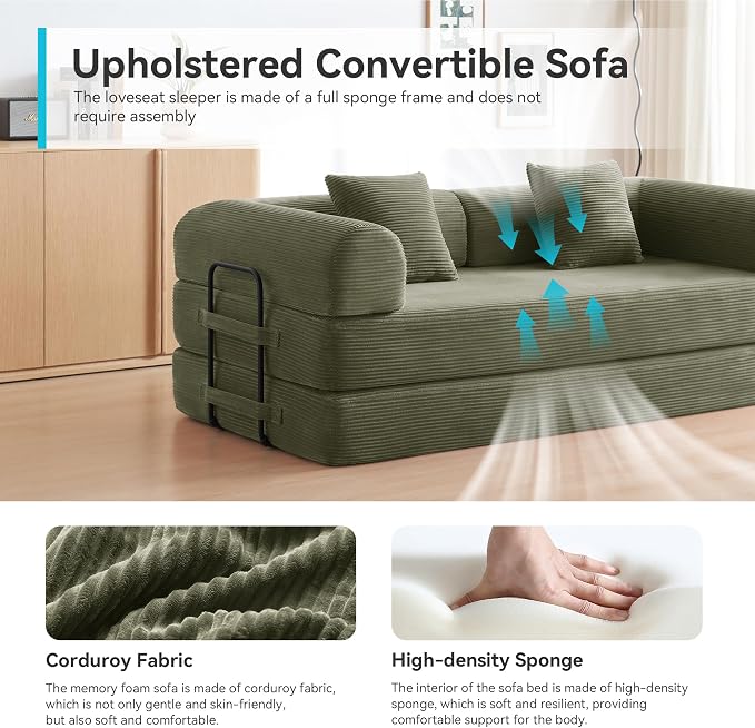 Sleeper Sofa, Comfy Convertible Folding Couch-Futon-Corduroy Fabric Sleeper - Image 6