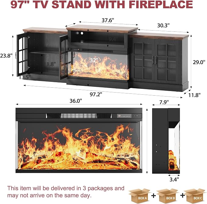 97" Fireplace TV Stand with 36" Electric Fireplace, Farmhouse Entertainment - Image 5