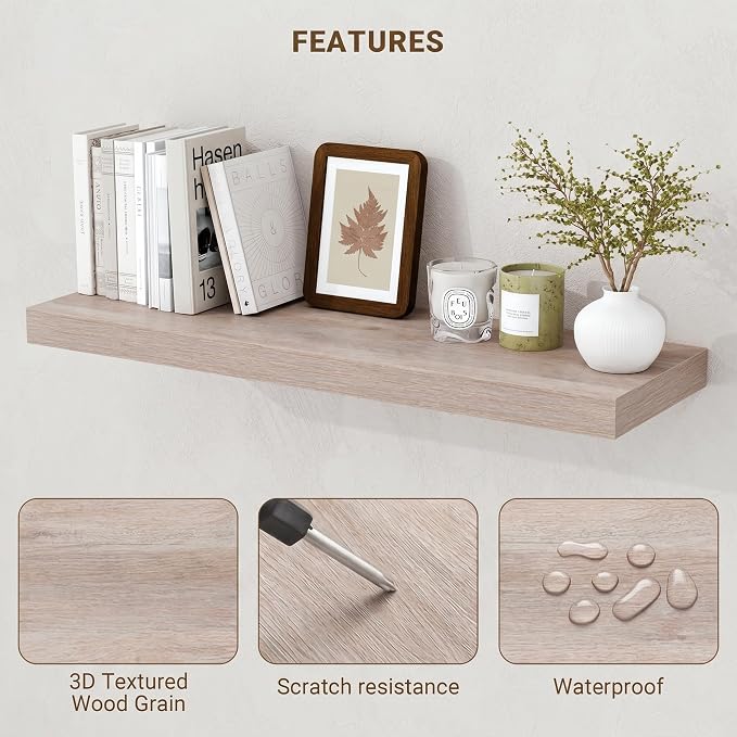 Acovy 16 Inch Floating Shelves, 3D Textured Wood Grain, Wooden Shelves - Image 5