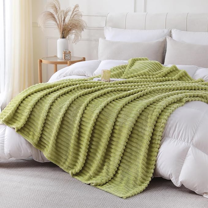 Moss Green Throw Blanket for Couch Sofa 50x60 inches Striped Design | Fleece - Image 3