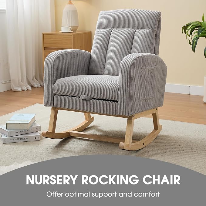 NIOIIKIT Nursery Rocking Chair, Corduroy Upholstered Rocking Chair - Image 4