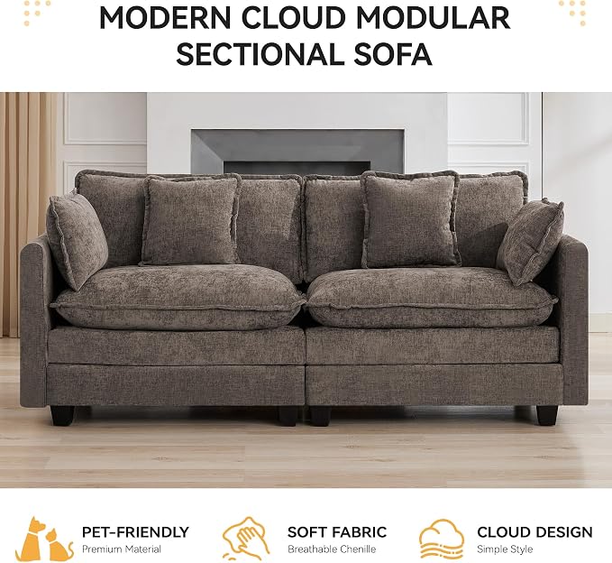 76″ Cloud Deep Seat Loveseat, Upholstered Chenille Modular 2-Seat Sectional - Image 6