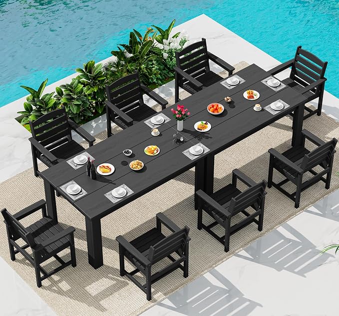 SERWALL HDPE Dining Set for 8: 2 Umbrella Hole Tables + 8 Chairs. Includes 8 by SERWALL