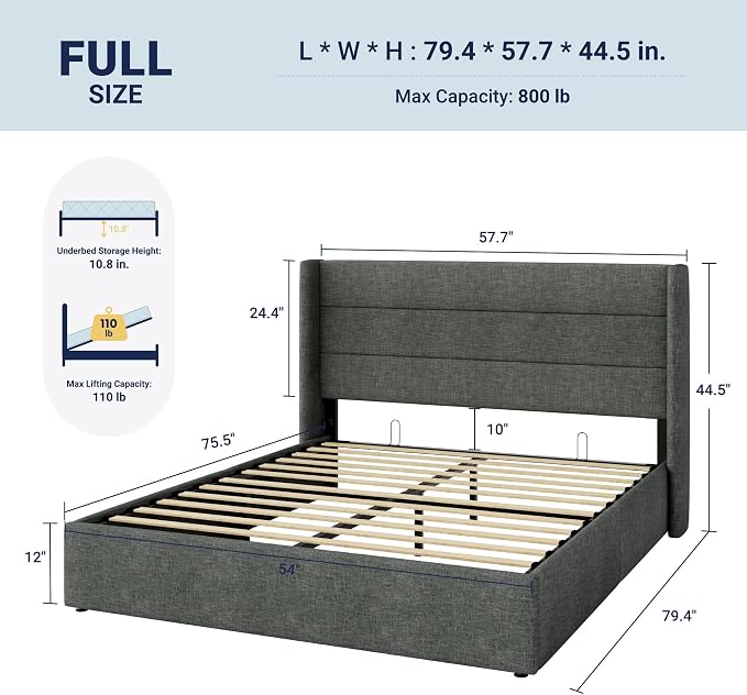 Allewie Full Size Lift Up Storage Bed, Modern Wingback Headboard, Hydraulic - Image 2