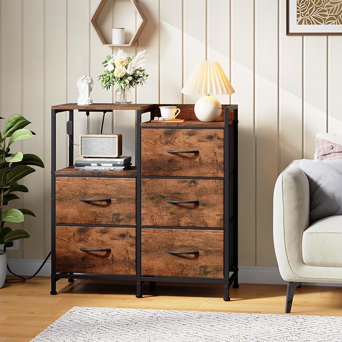 Somdot Nightstand with Charging Station and LED Light, Wide 5 Drawers Dresser - Image 2