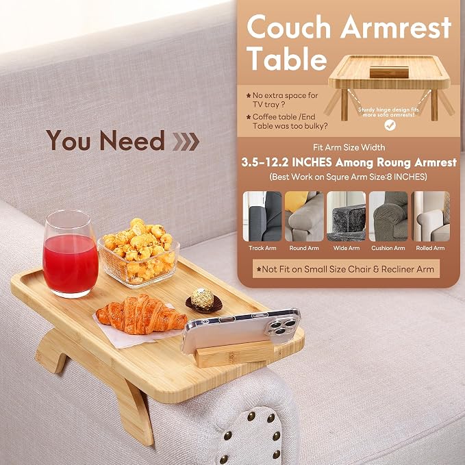 SINWANT Couch Arm Tray, Bamboo Sofa Clip on Side Table, Foldable Couch Armrest - Image 3