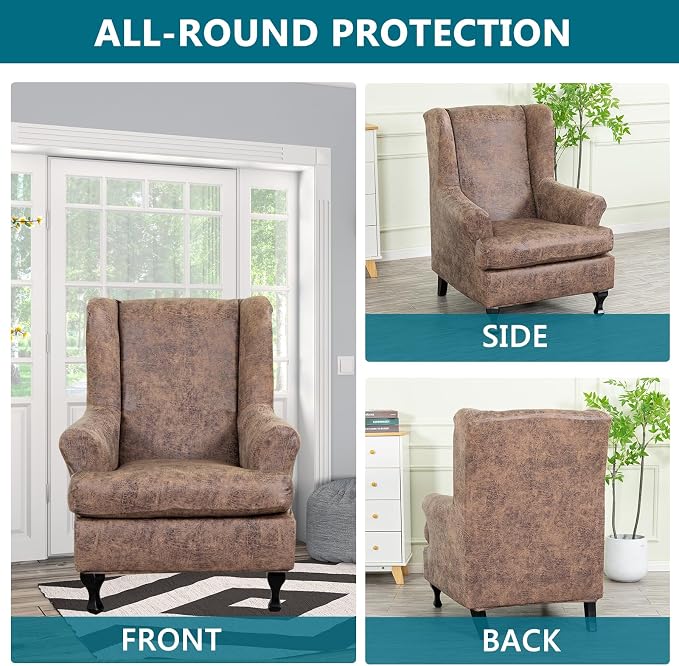 KRFOONN Wing Chair Slipcovers 2 Piece Stretch Leather Look Wingback Chair - Image 5