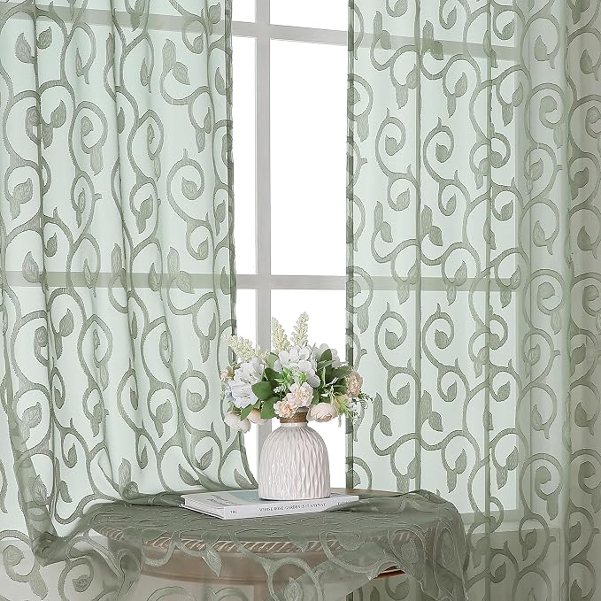Furman Sheer Sage Green Curtains 90 inches Long by OWENIE