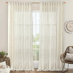 Extra Wide Linen Curtains for Bedroom Semi Sheer Panels 84 Inch | Cream Ivory by LAMIT