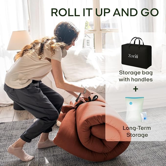 ZonLi Japanese Floor Futon Mattress Queen Size 80"x 60", 100% Cotton Cover - Image 6