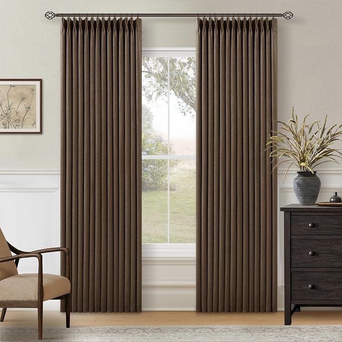 80 Inch Dark Brown Thick Linen Blackout Pinch Pleat Curtains by Twodrapes