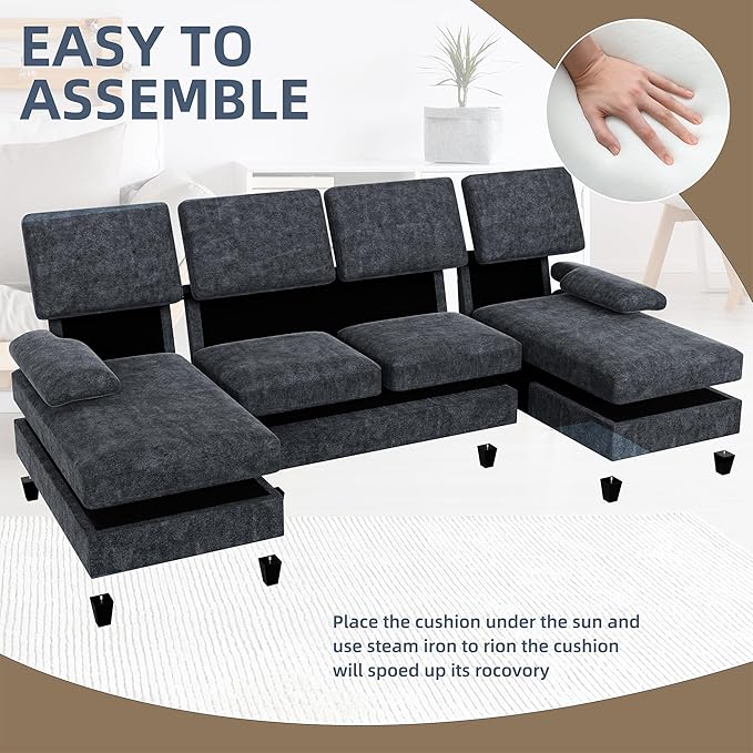 U-Shaped Sectional Sofa with Double Chaise, Linen Fabric 4-Seat Modern Couch - Image 6