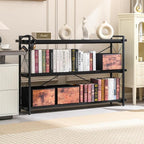 HCHQHS Bookshelf, 3-Tier Long Industrial Bookcase, Freestanding Horizontal - Image 7