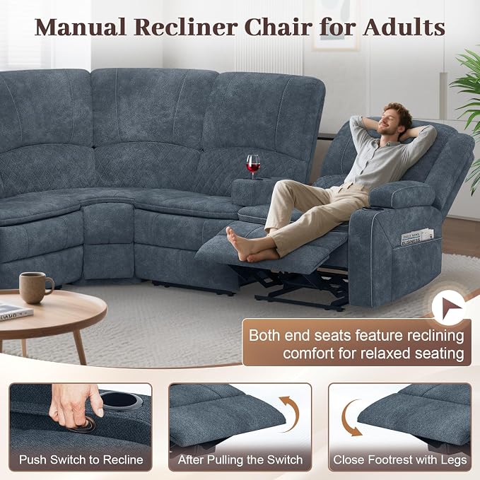 Yolsali Manual Reclining Sectional Sofa Set, 6 Seats Soft Fabric Recliner - Image 6