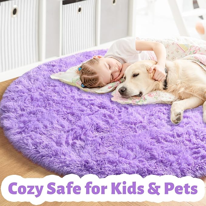 Amdrebio Purple Fluffy Round Circle Area Rug 4Ft - Image 2