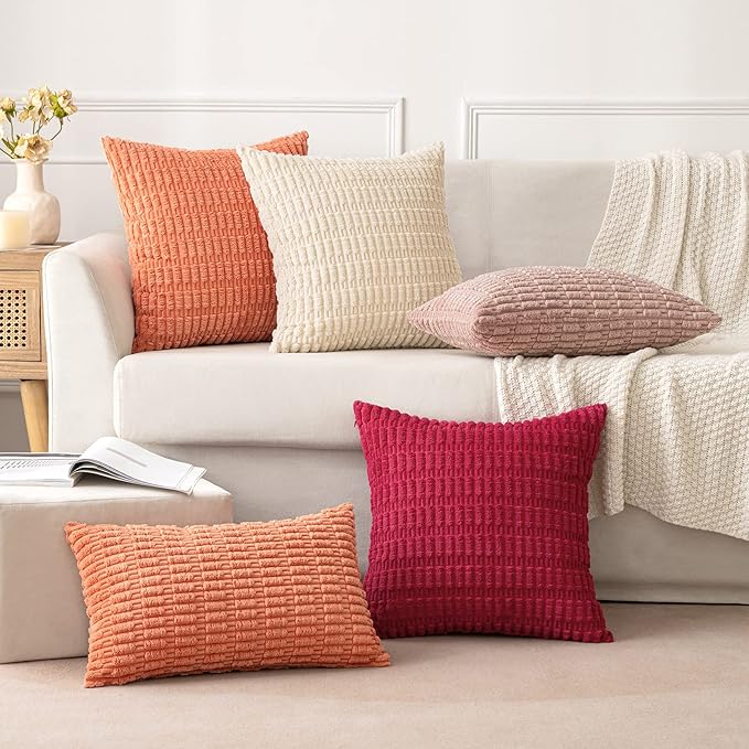 MIULEE Corduroy Decorative Throw Pillow Covers 20x20 Coral Pack of 2 | Soft - Image 3