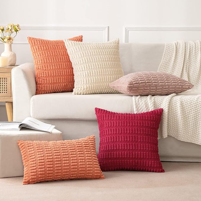 MIULEE Corduroy Decorative Throw Pillow Covers 18x18 Coral Pack of 2 | Soft - Image 3