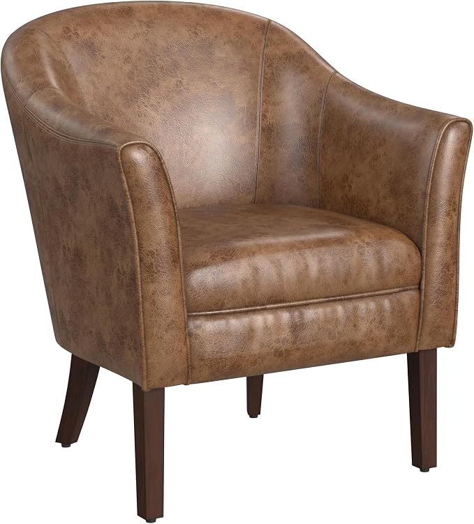 HomePop Modern Barrel Accent Chair, Distressed Brown Faux Leather by HomePop