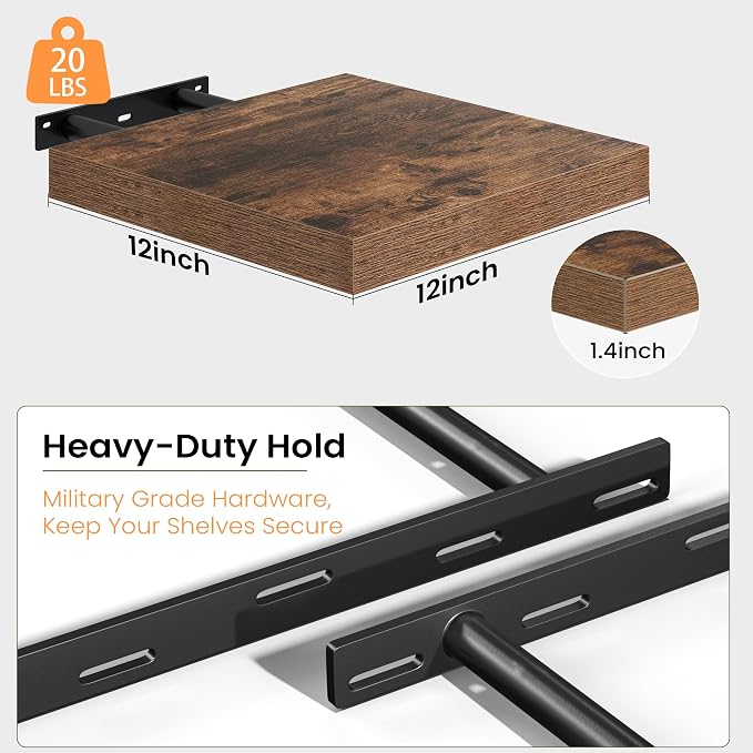 Fun Memories Floating Shelves for Wall, 12 Inch Set of 3 Rustic Wood Wall - Image 4