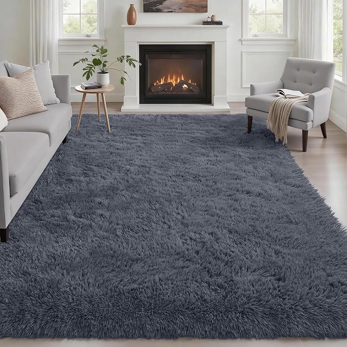 Area Rug Living Room Bedroom: 5x7 Fluffy Plush Shag Carpet Grey | by Luxturiy