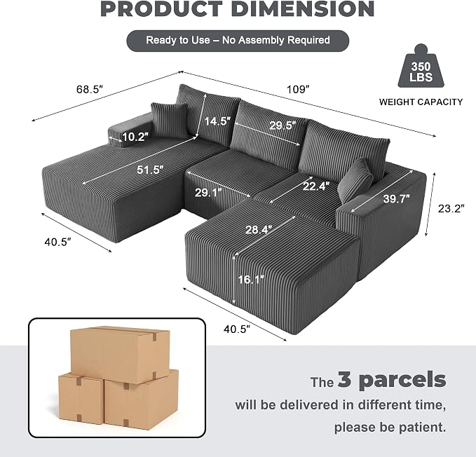 Weture 108” Modular Sectional Couches, Modern Modular U-Shape Sofa - Image 2