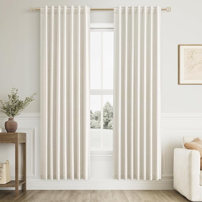 100% Blackout Linen Curtains for Bedroom 80 Inches Long Natural Cream Black Out by Guken