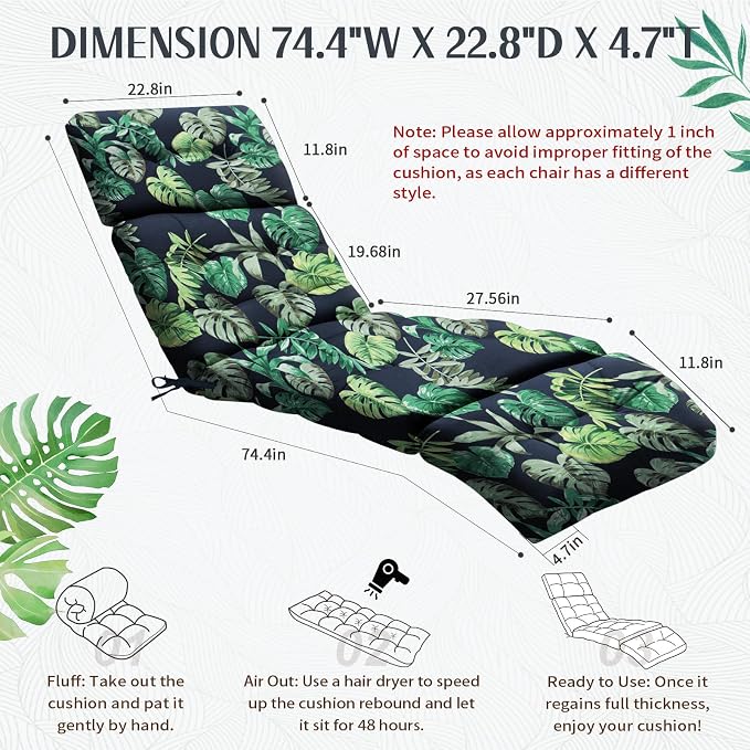 EverPine Outdoor Chaise Lounge Chair Cushion 74.4 x 22.8 x 4.7 Inche, Patio - Image 2