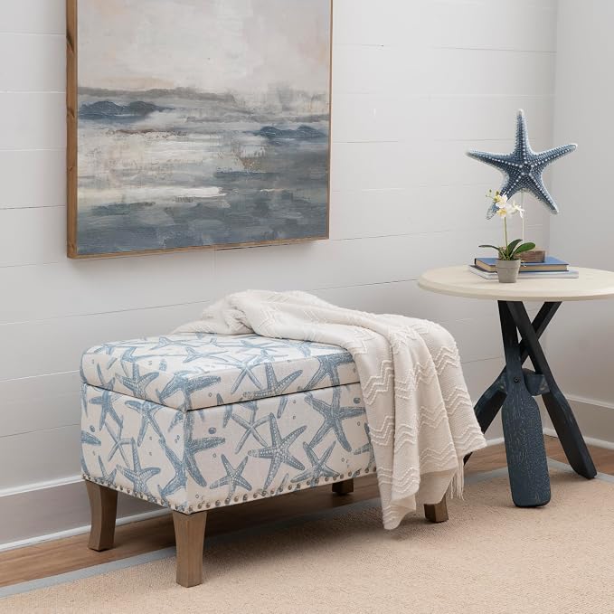 Linon Stephanie Cream and Light Blue Starfish Fully Upholstered Bench - Image 4