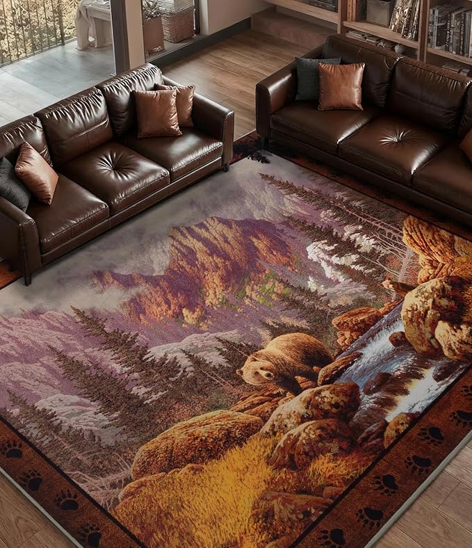 Rustic Cabin Area Rug for Bedroom 8x10, Machine Washable Woodland Bear Rug - Image 3