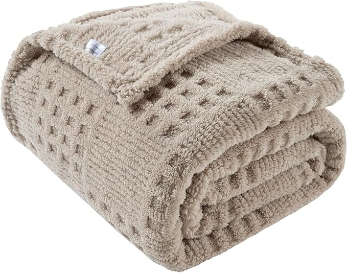 60x80 Inch Waffle Brown Twin Blanket -Fluffy Fleece, Neutral Tan Color by LUSSENAHOME