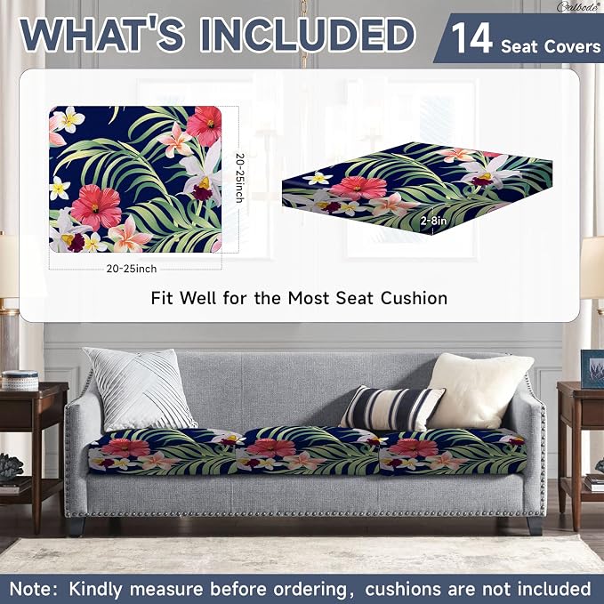 CALBODE 14 Pcs Stretch Outdoor Seat Cushion Covers, Tropical Floral, Suitable - Image 2